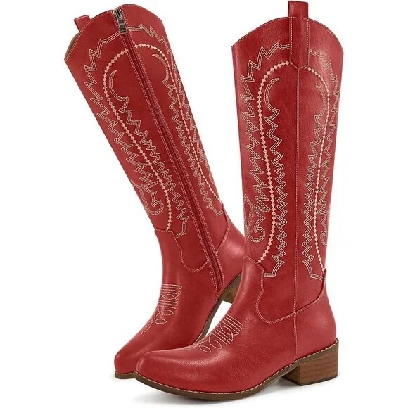 Women's Red Embroidered Knee High Chunky Heel Pointed Zipper Tall Boots - Picture 5 of 7